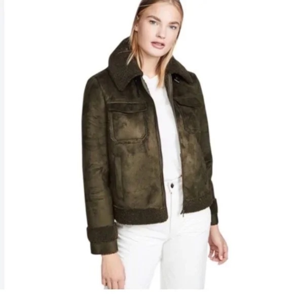 MOTHER The Four Corners Faux Suede Jacket Olive Green - Picture 1 of 9
